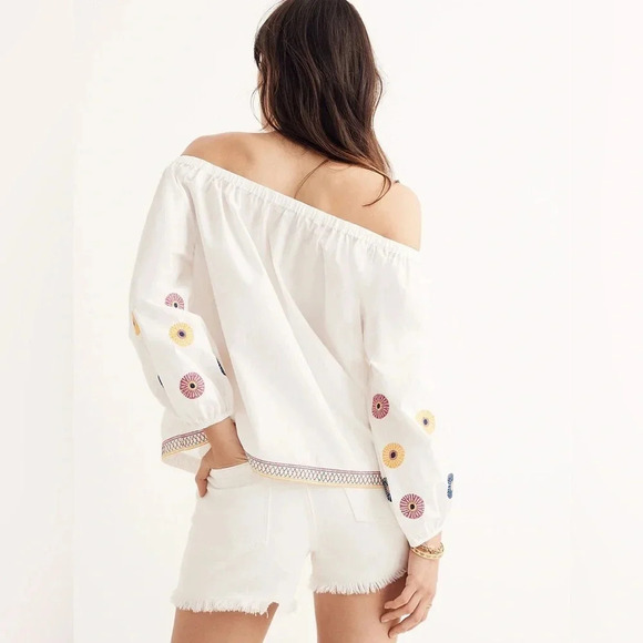 Madewell Embroidered Off-the-Shoulder White Top Floral Boho Crop Relaxed Fit - Picture 3 of 11
